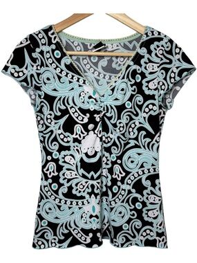 Vintage Y2K Wrapper Babydoll Blouse Top Women's Small Black Green White Fairy